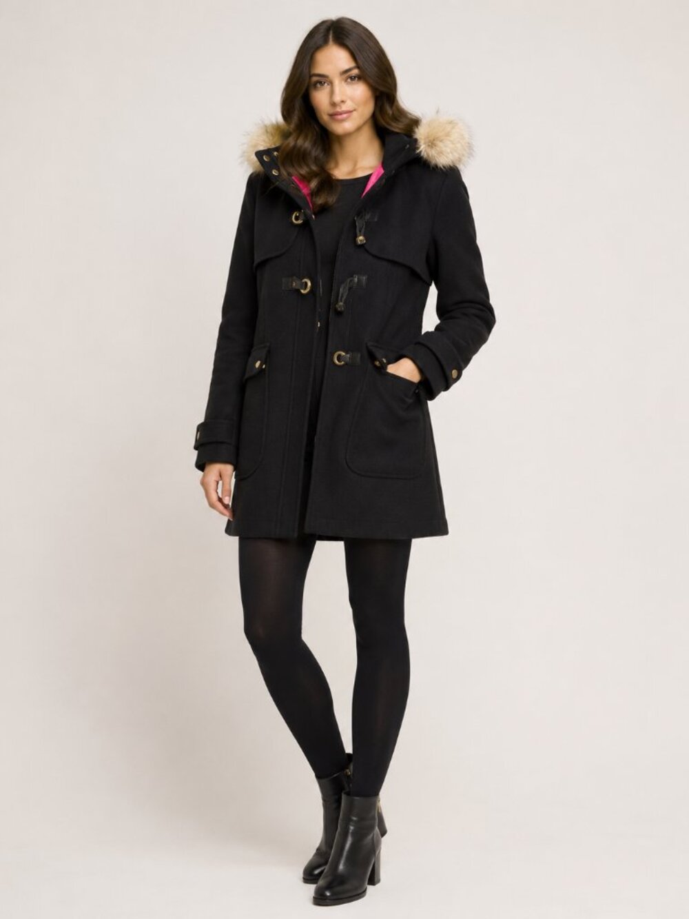 Trina Turk Wool Blend Toggle Coat with Faux Fur Hood – Size 2